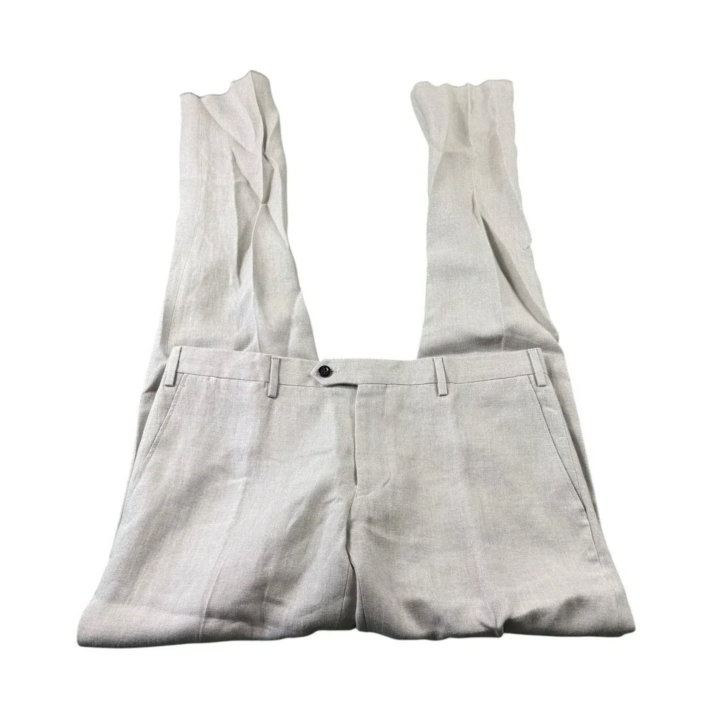Trillion Pure Linen Brown Woven Flat Front Trouser Mens 36 Unfinished Italy NWOT